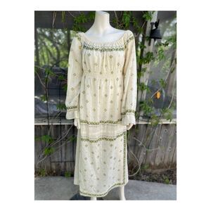 SOLD 70s boho Wool Maxi Dress Floral Print Chevron Jaquard Smocked Off Shoulder